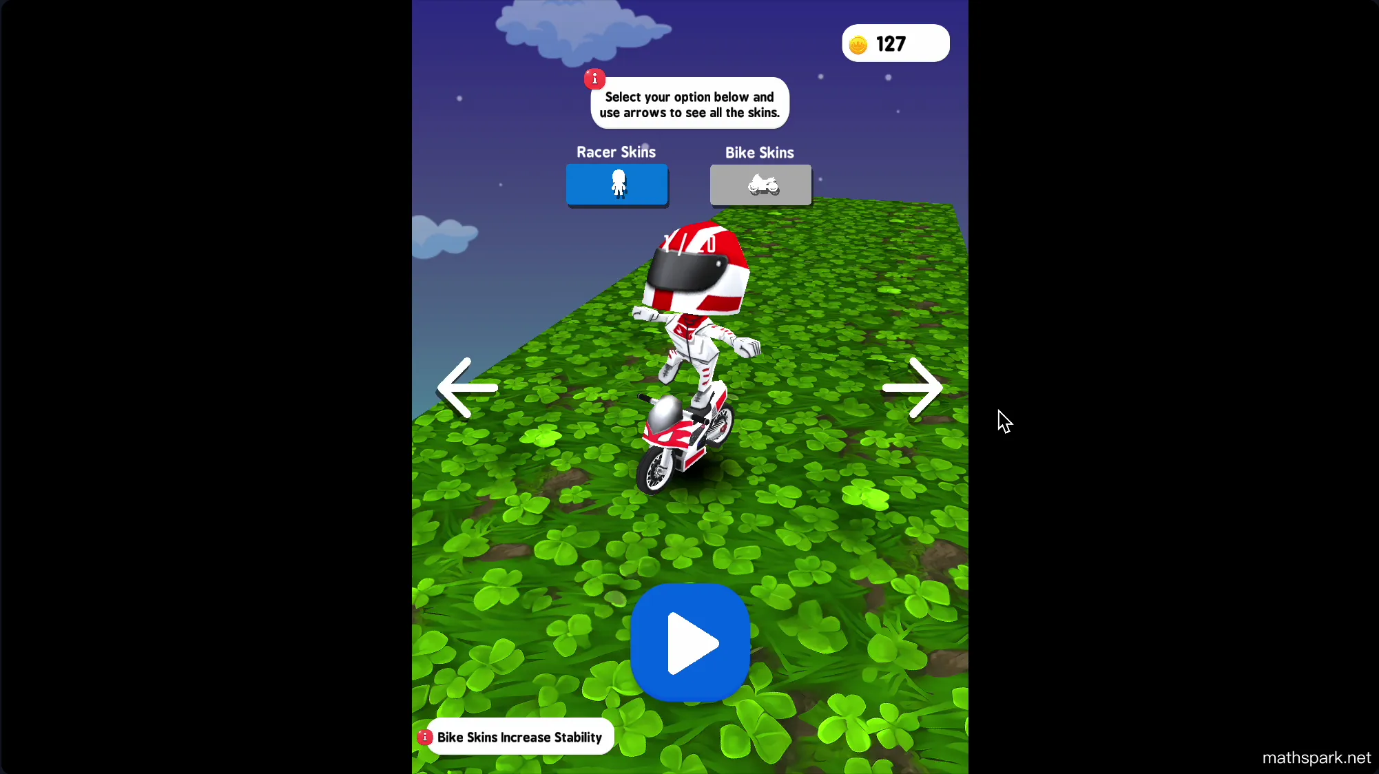 Bike Hero customization shop menu featuring unlockable motorcycle skins and upgrades
