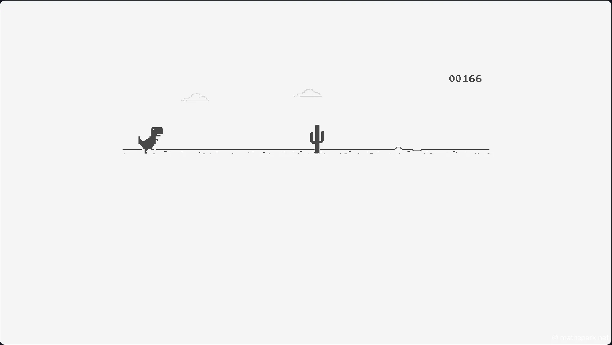 A pixelated T-Rex running and jumping over a cactus in the Dinosaur Game, demonstrating the core gameplay loop.