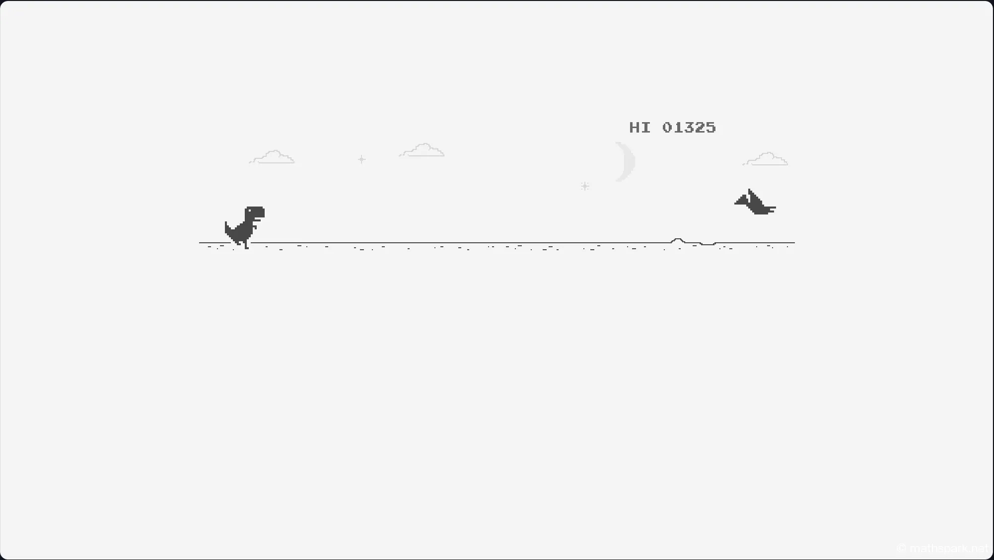 A demonstration of the ducking skill in the Dinosaur Game, where the T-Rex crouches to avoid a flying pterodactyl.