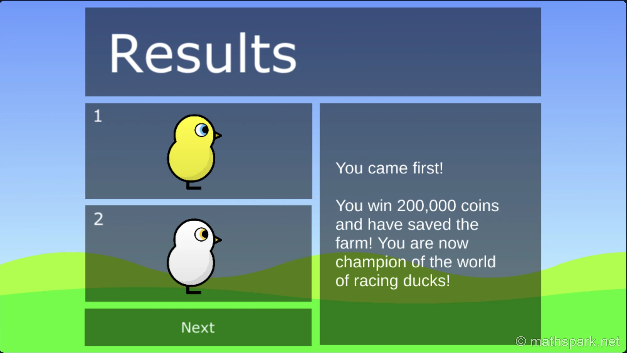 A screenshot showing the player's duck winning the World Championship in Duck Life.