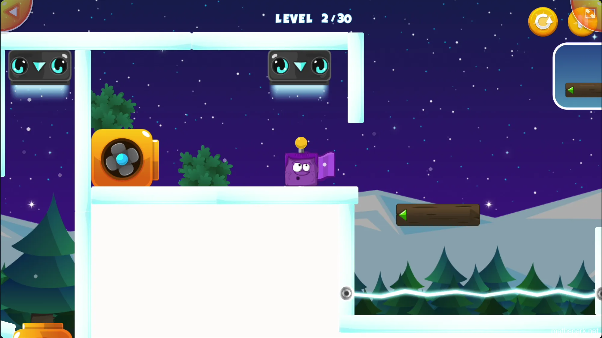Gameplay animation showing the transformation from sticky purple block to slippery ice to slide down slopes in Icy Purple Head.