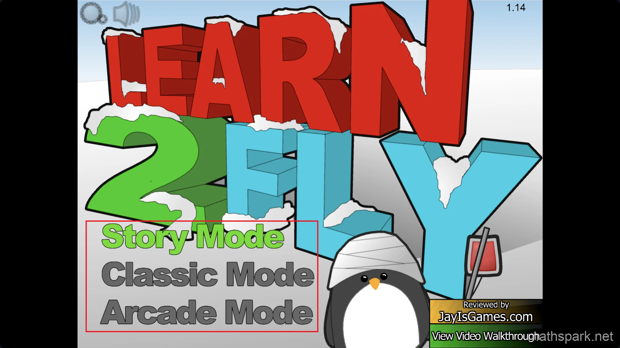 Learn to Fly 2 game modes selection screen displaying Story Mode, Arcade Mode, and Classic Mode options