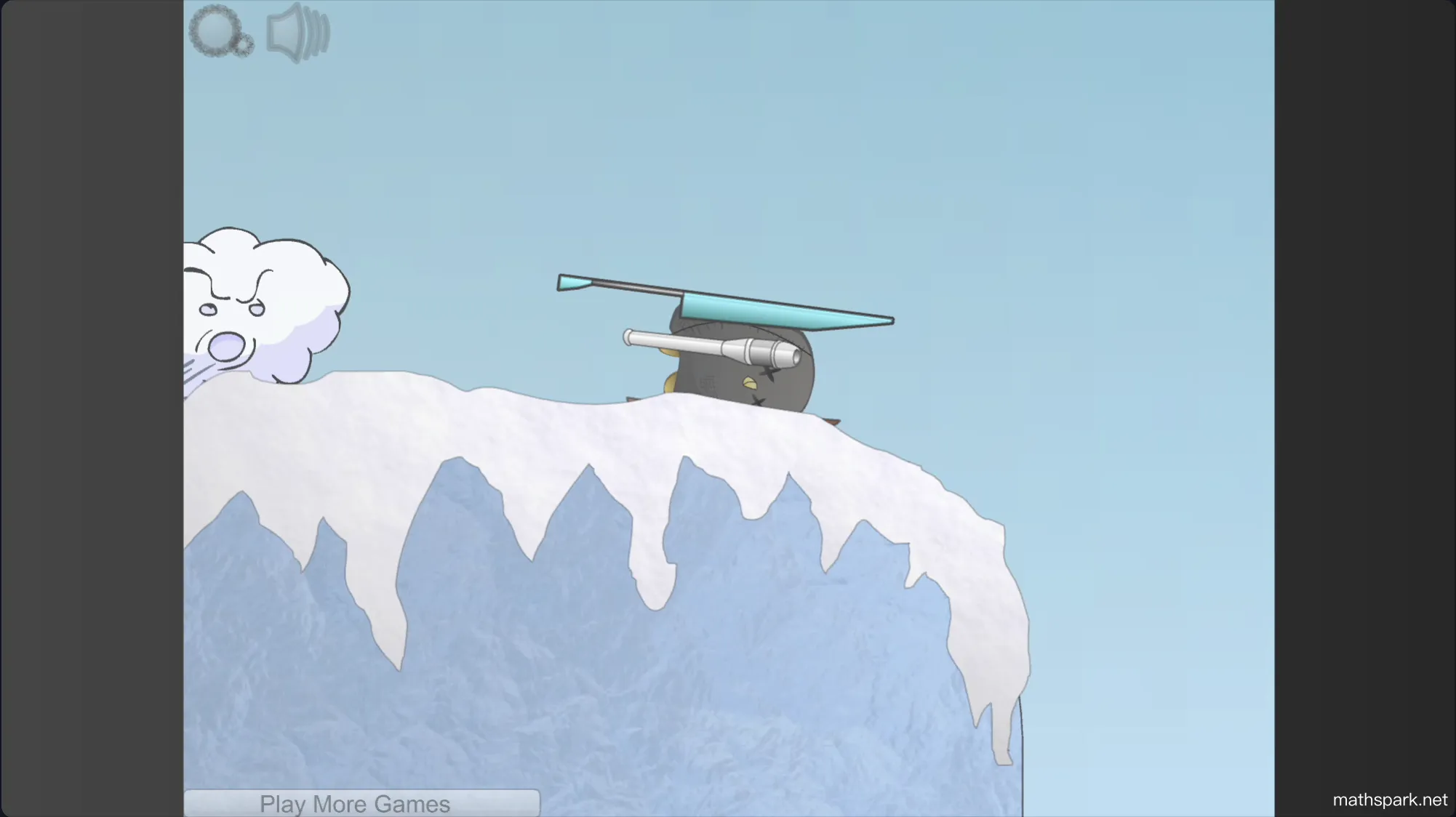 Learn to Fly 2 gameplay loop showing the penguin launching off a ramp, flying with a glider, and collecting coins to destroy the iceberg