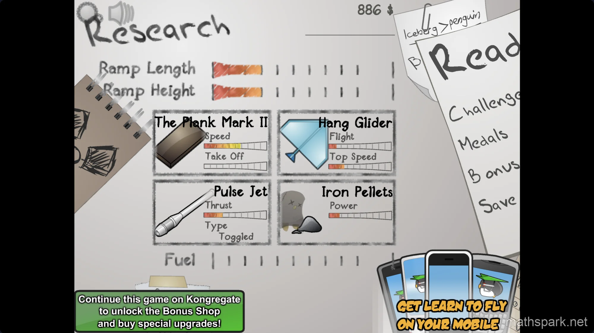 The Upgrade Shop menu in Learn to Fly 2 featuring over 60 upgrades for gliders, boosters, and sleighs