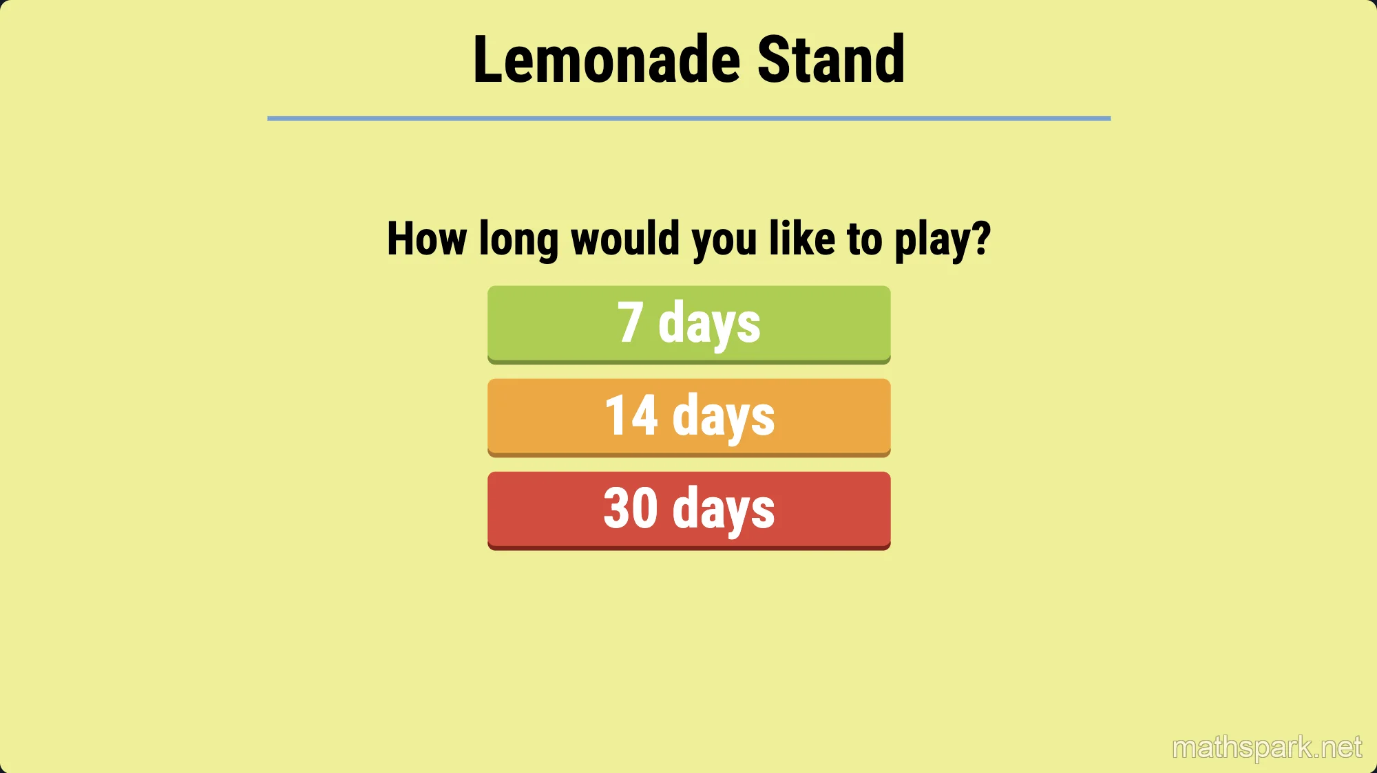 Lemonade Stand game menu showing campaign duration options for 7, 14, or 30 days