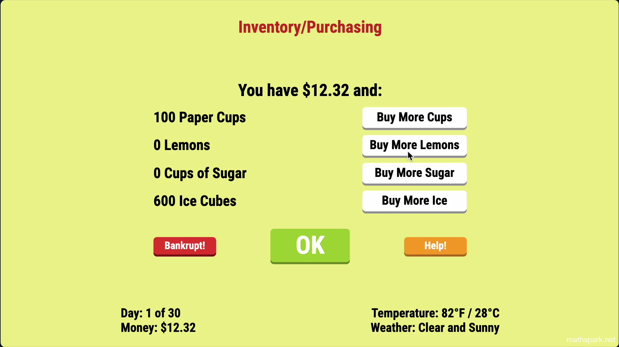 Lemonade Stand gameplay loop showing inventory purchasing, recipe mixing, and selling to customers