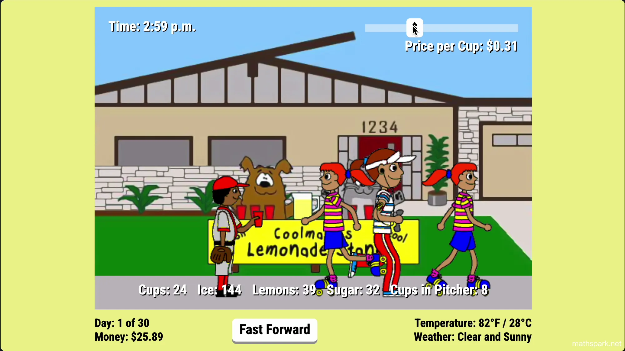 Real-time selling phase in Lemonade Stand where players adjust prices and watch cash flow increase