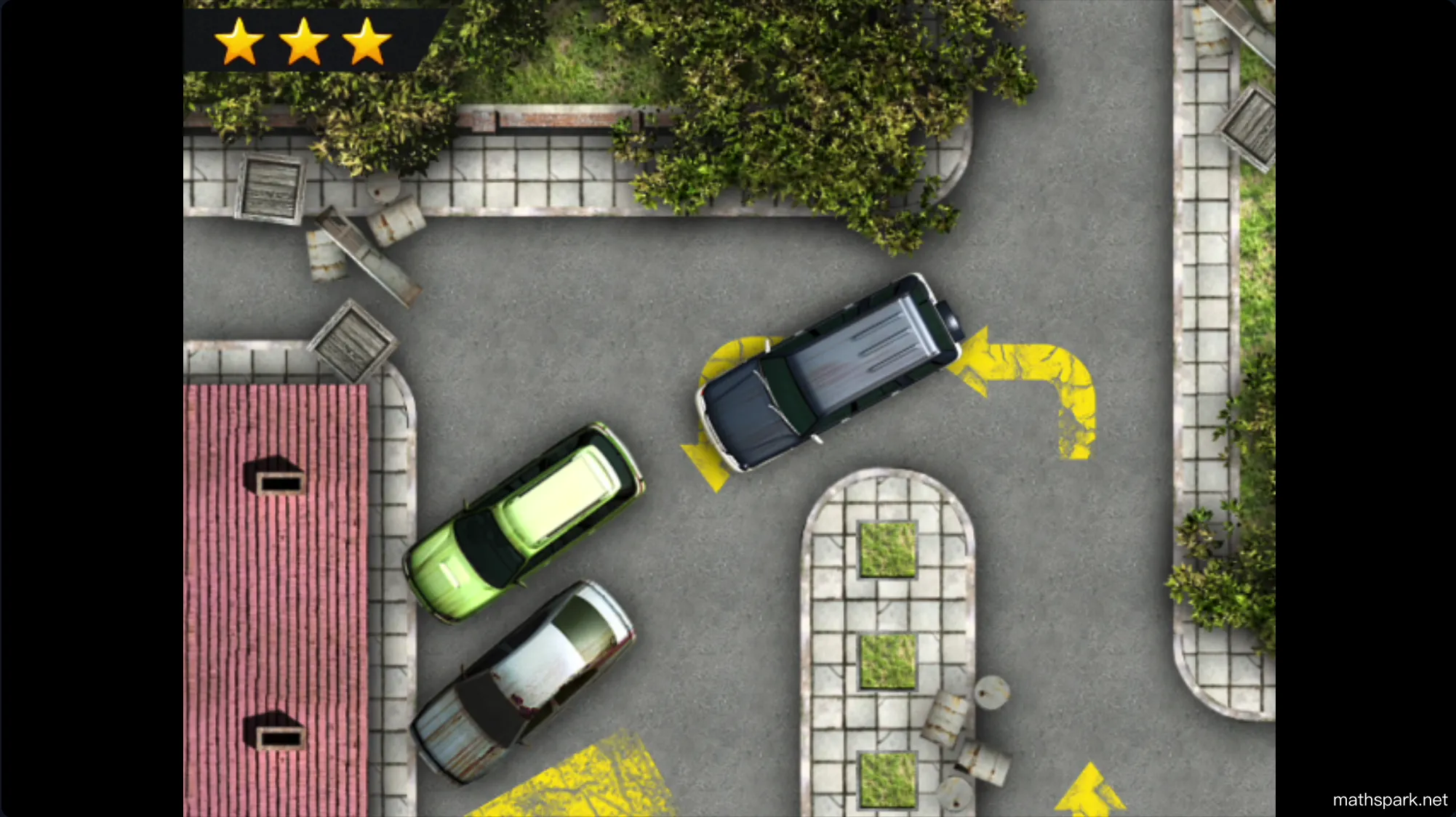 Navigating a car through a tight gap between obstacles in Parking Fury
