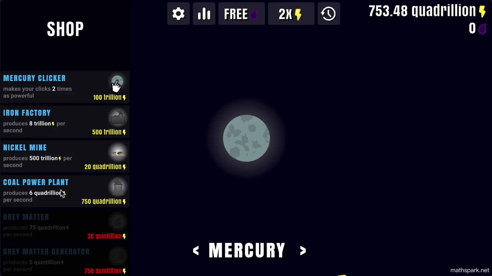 Advanced Planet Clicker 2 gameplay showing massive energy production and a thriving interplanetary idle empire.