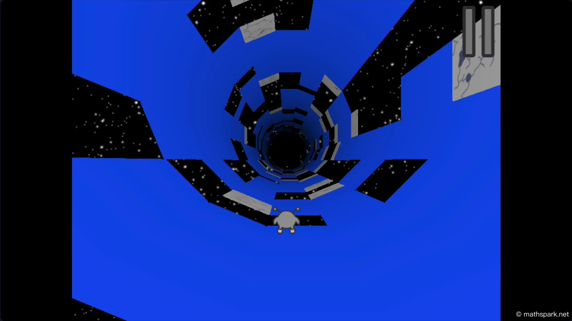 Animation of the fast-paced Skater character in Run 3, skillfully navigating a complex tunnel at high speed.