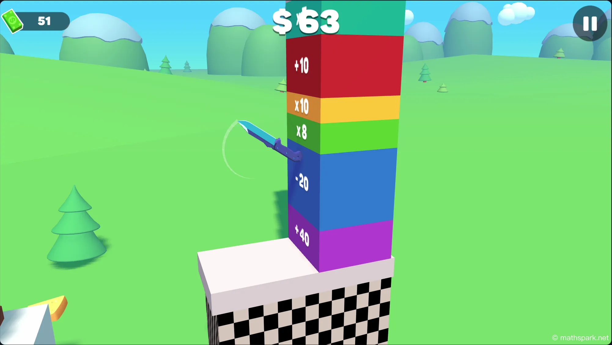 An animated clip showing a knife hitting the 'x10' score multiplier target at the end of a level, causing the score to increase dramatically.