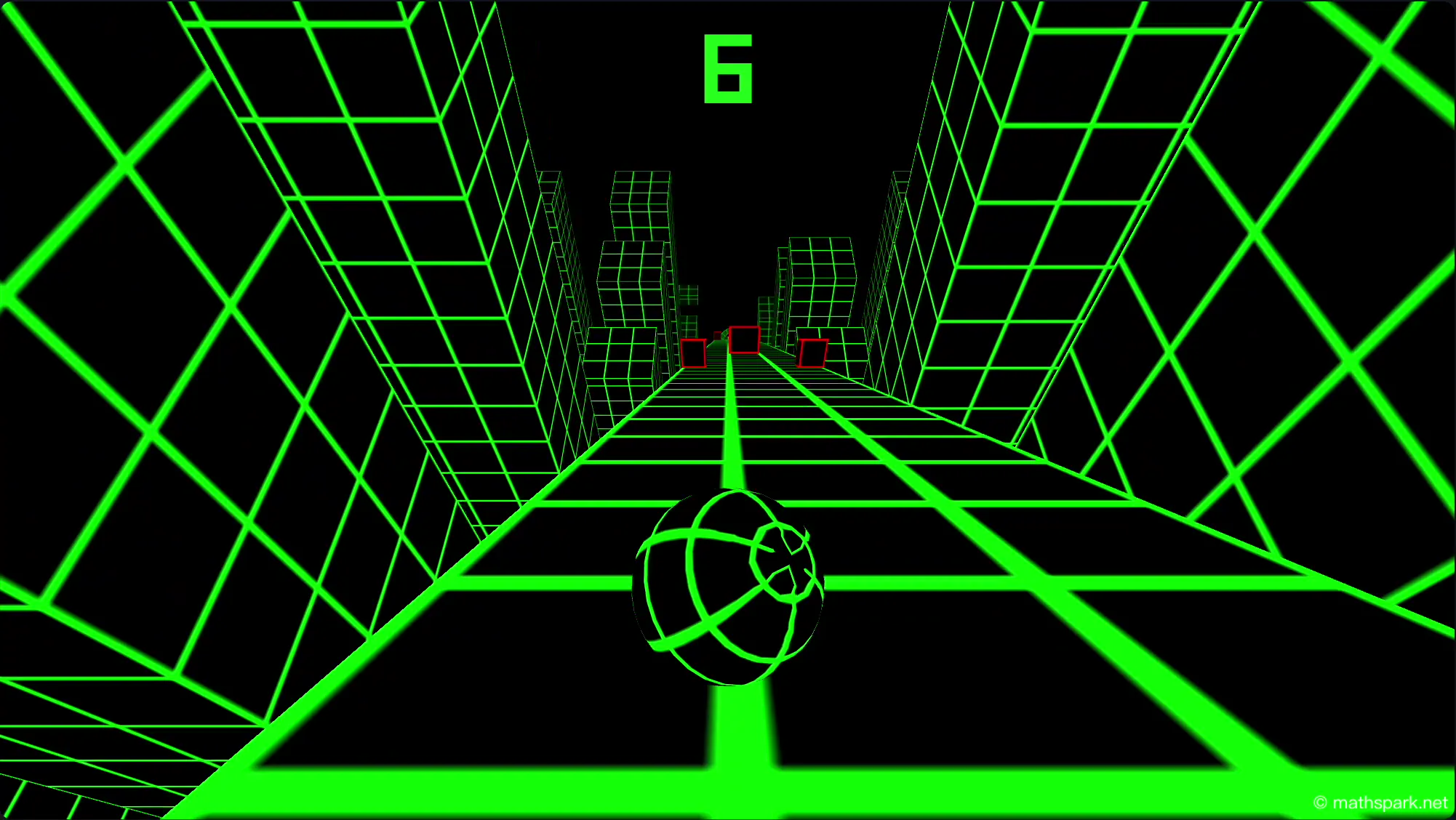 Core gameplay loop showing a neon ball smoothly rolling down a classic dark green slope, dodging static red obstacles and demonstrating the core mechanic of controlling the ball to stay on the path.