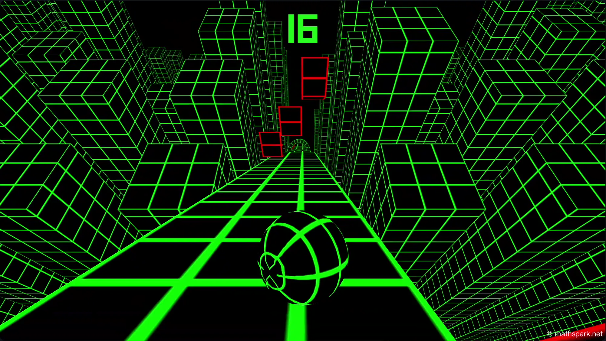 The ball narrowly dodges a moving red obstacle and then rockets into a Speed-boost tunnel, with visual effects clearly indicating a massive increase in velocity.