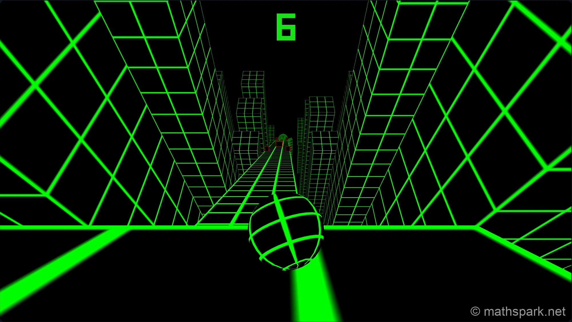 A view from behind the ball, perched on the edge of a narrow platform, looking out into the vastness of deep space with other glowing ramps visible in the distance.