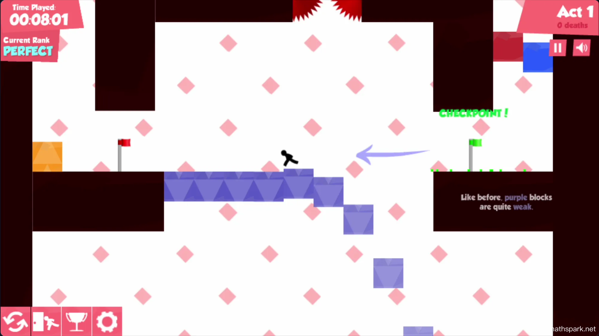 Vex 3 core gameplay loop showing stickman running, jumping over spikes, and sliding