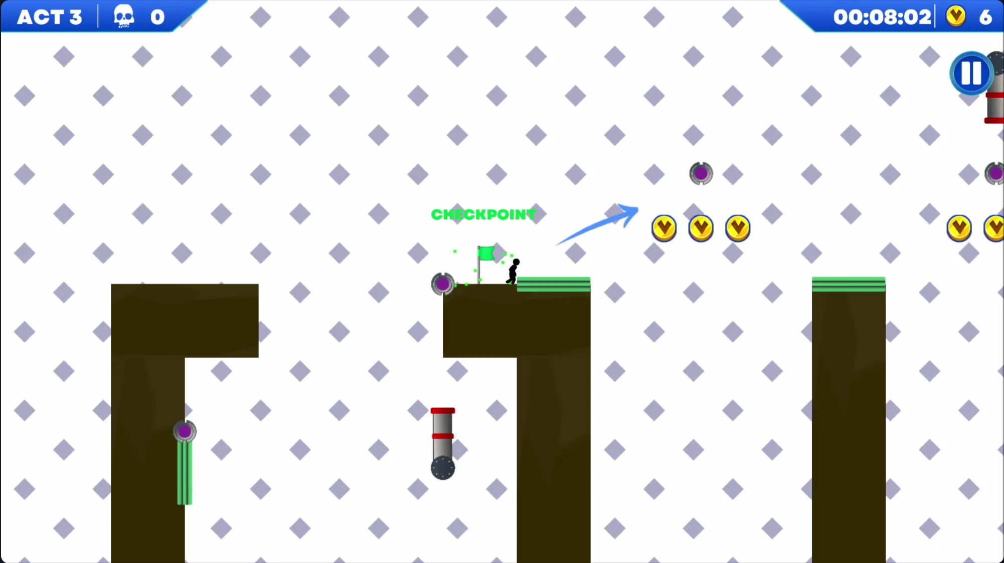 Stickman using the grappling hook to swing across gaps in Vex 7