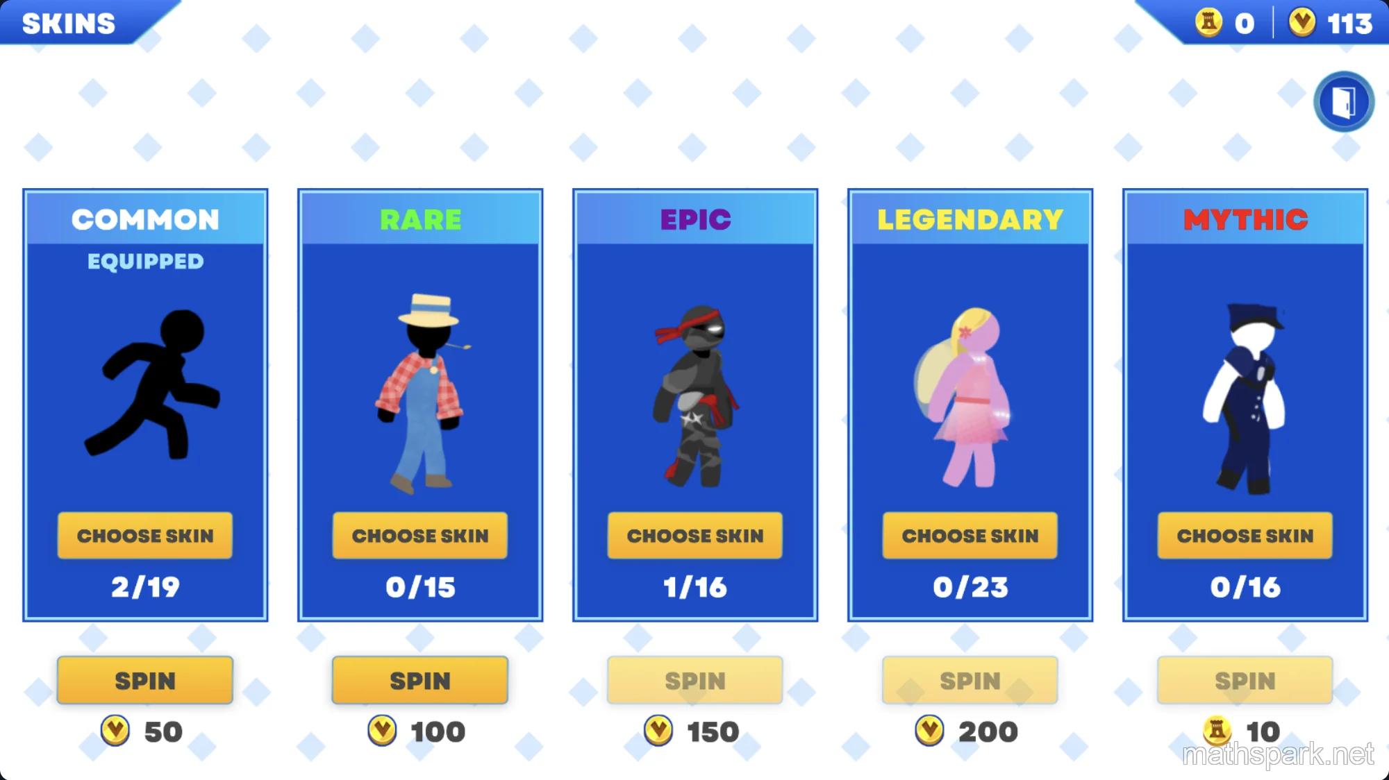 Vex 7 character customization menu displaying unlockable stickman skins