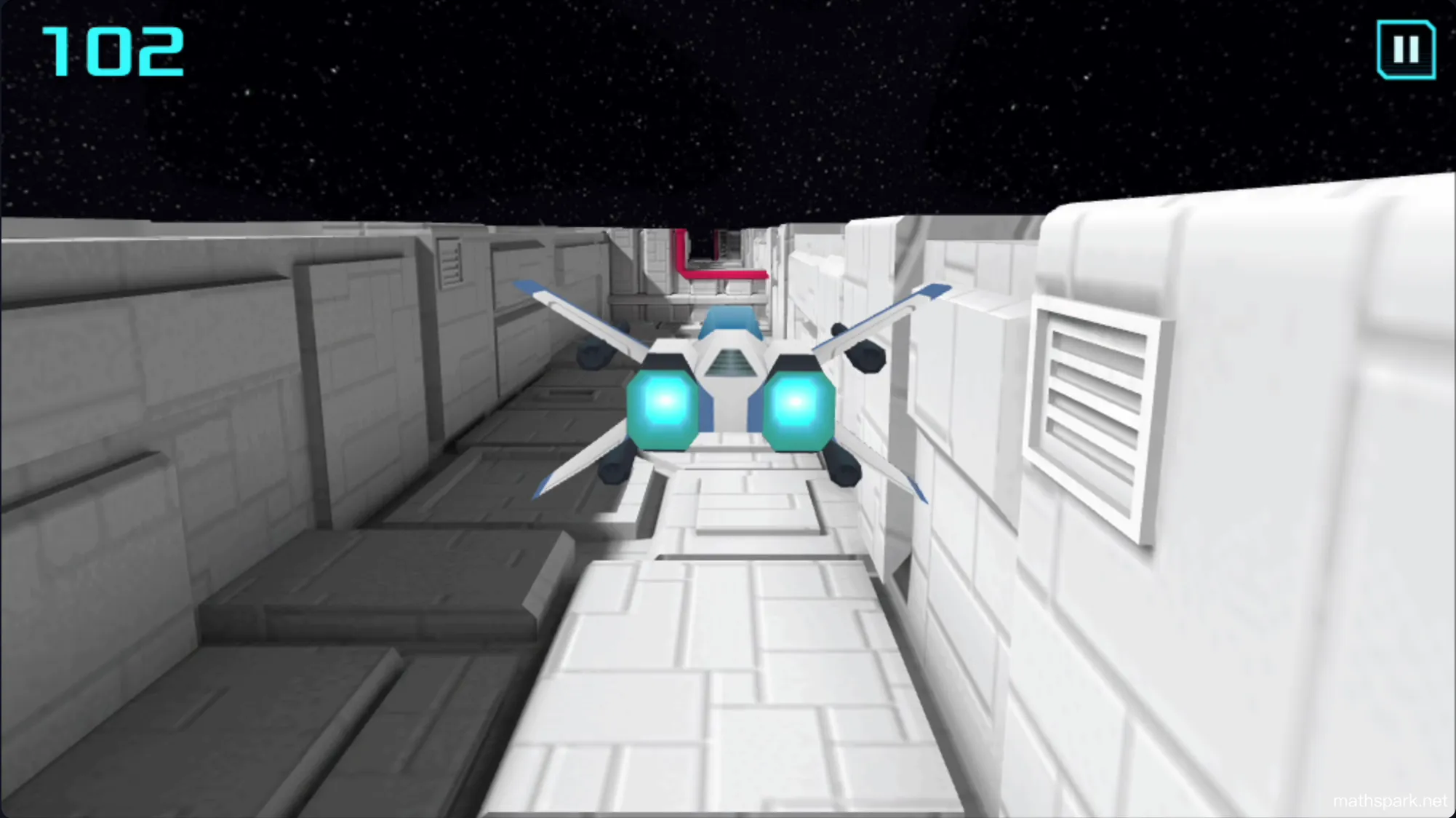 Gameplay loop of X Trench Run showing a starfighter dodging obstacles and shooting turrets in a 3D trench.